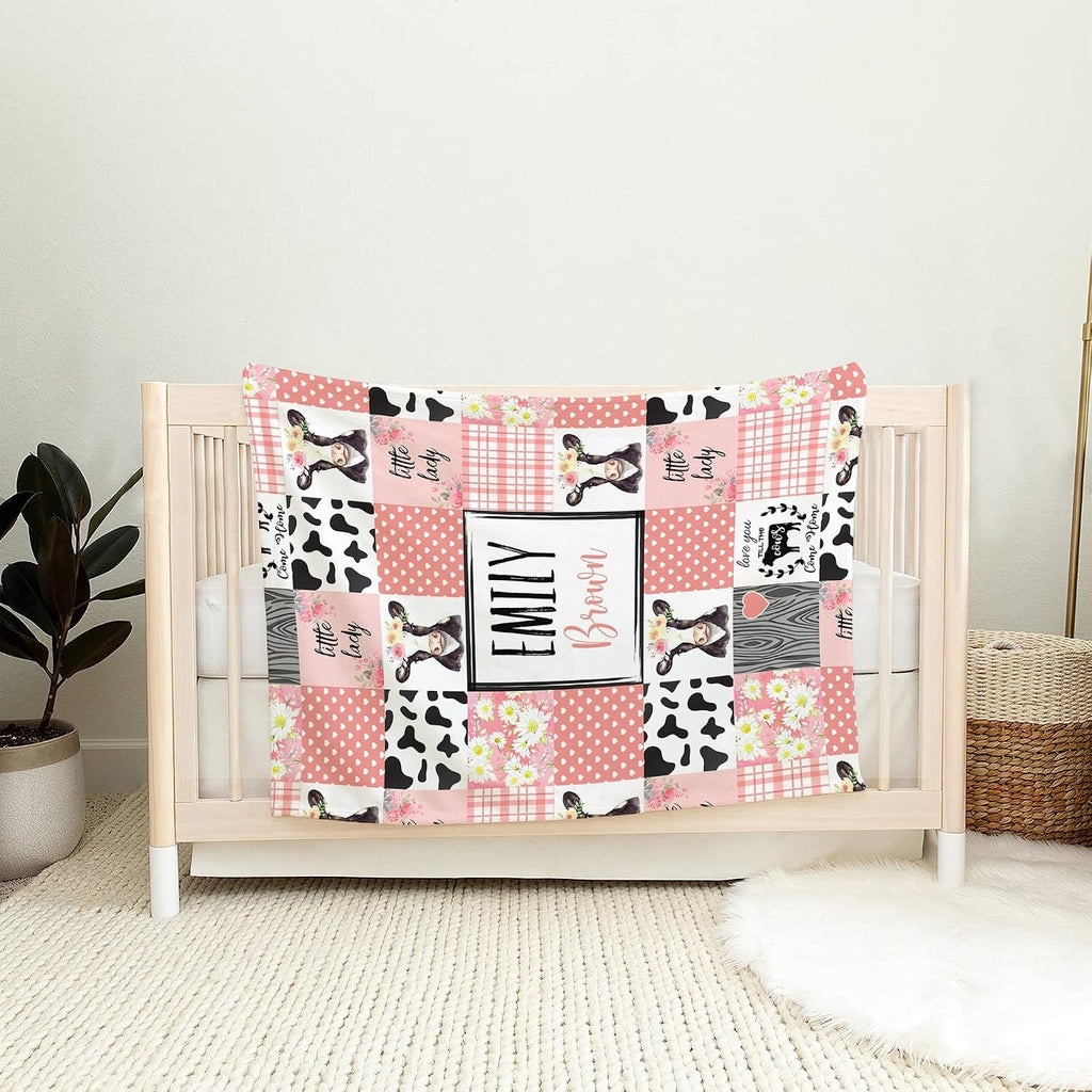 Bedroom lifestyle setting showcasing the country nursery calf throw blanket styled over a bed.