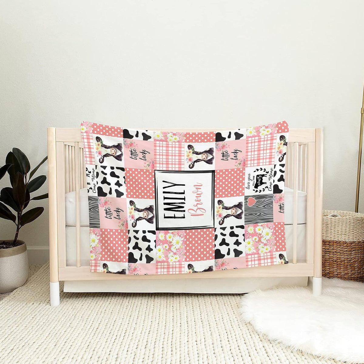 Bedroom lifestyle setting showcasing the country nursery calf throw blanket styled over a bed.