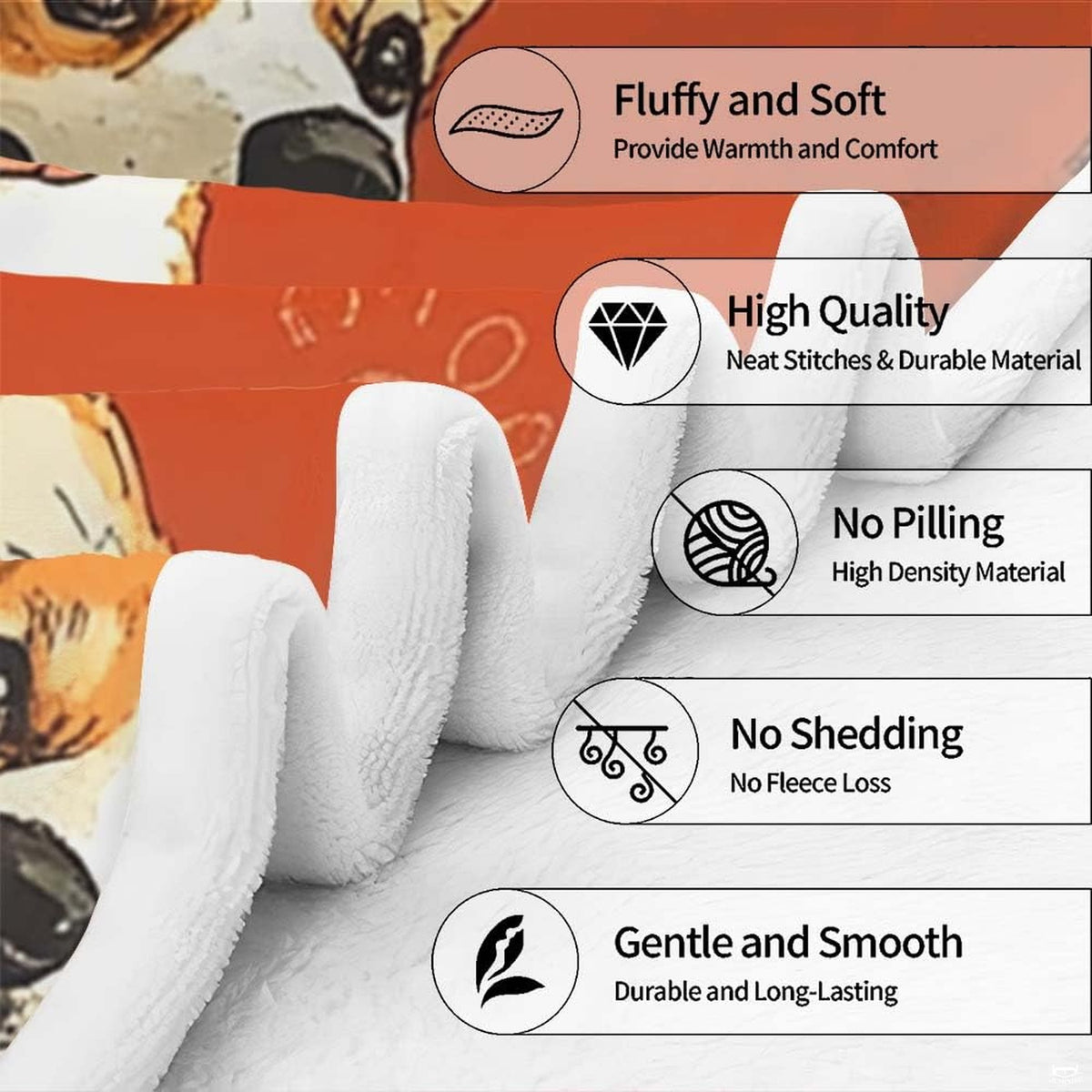 Canine-themed bedroom featuring terracotta dog pattern bed sheets with cute Welsh Corgis.