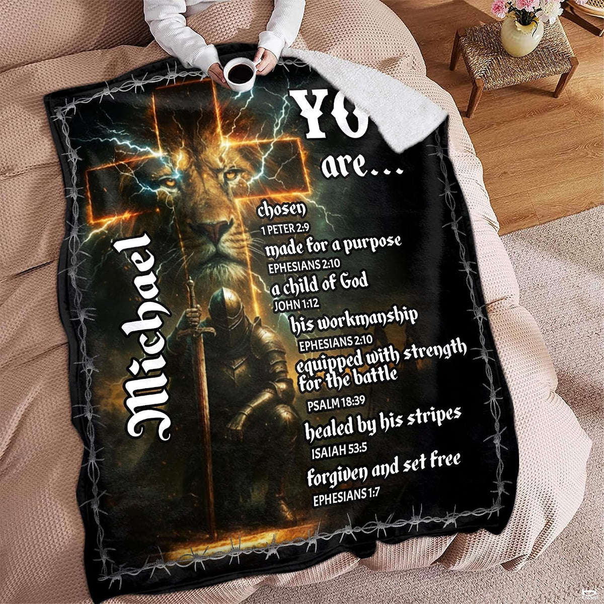 Kneeling knight lightning throw blanket styled across a couch in a bright room.