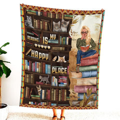 Graphic presentation showcasing blonde reader on oversized book stack alongside multi-tiered library bookcase.
