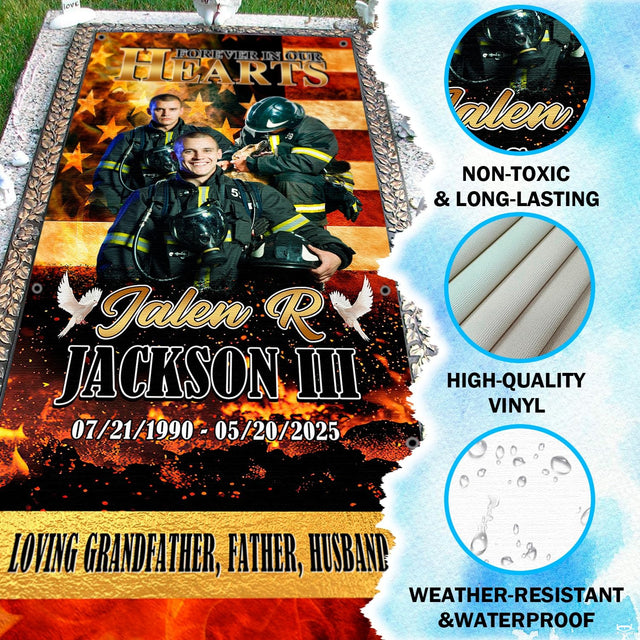 Feature diagram calling out durable waterproof vinyl material and outdoor weather resistance
