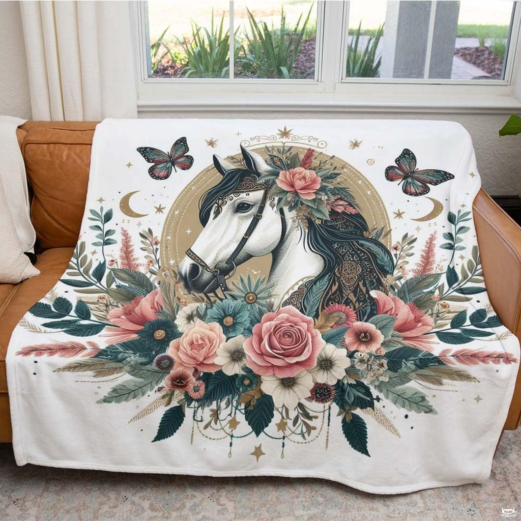 Angle perspective of decorative floral horse bedding emphasizing the delicate equine portrait and wreath.