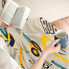 Overhead perspective of excavator bed sheets visual theme with colorful dump trucks and diggers.
