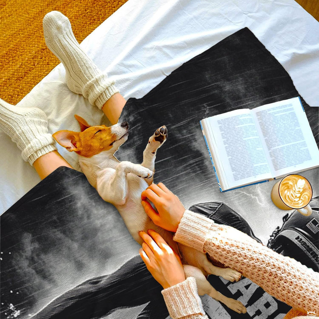 Overhead perspective of football graphic textile draped across bed
