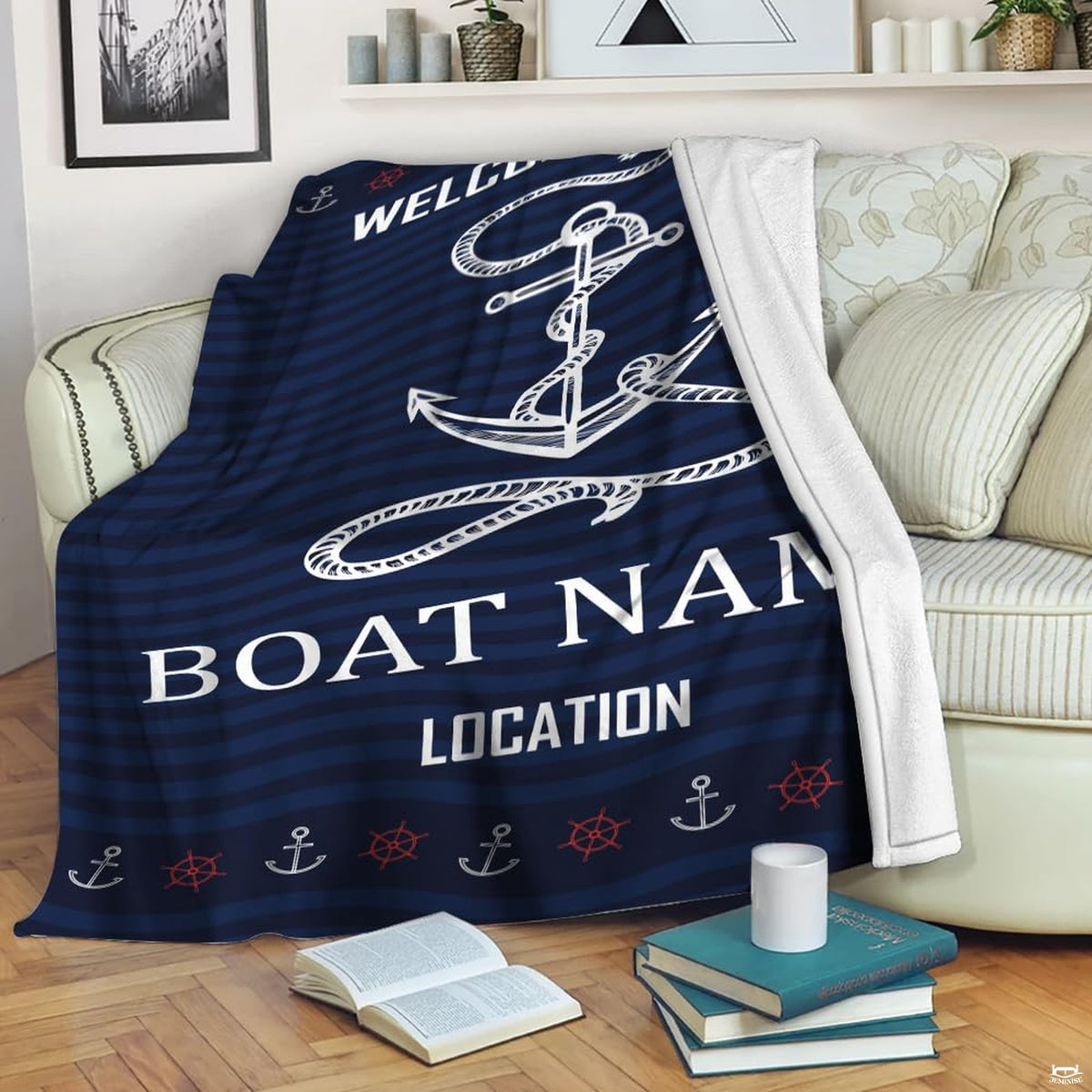 Navy nautical anchor throw blanket view 3 highlighting rope anchor, mini helm border, and wave patterns