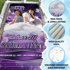 Folded memorial throw blanket displaying the personal portrait and purple starry clouds