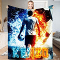 Fire and water soccer striker athletic art blanket held up by woman