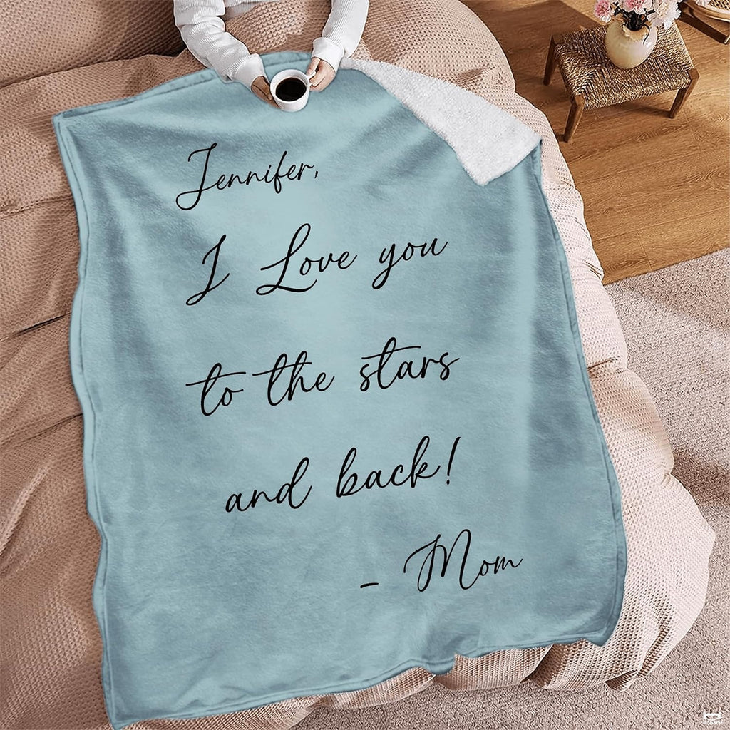 Close-up perspective of centered serif lettering on father tribute blanket