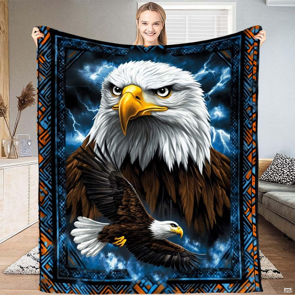 Intense bald eagle portrait with electric blue lightning and geometric border throw blanket