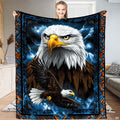 Intense bald eagle portrait with electric blue lightning and geometric border throw blanket