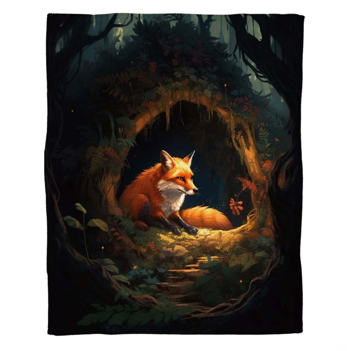 Woman holding open fairytale fox den throw blanket showing sunlit forest burrow and tree roots