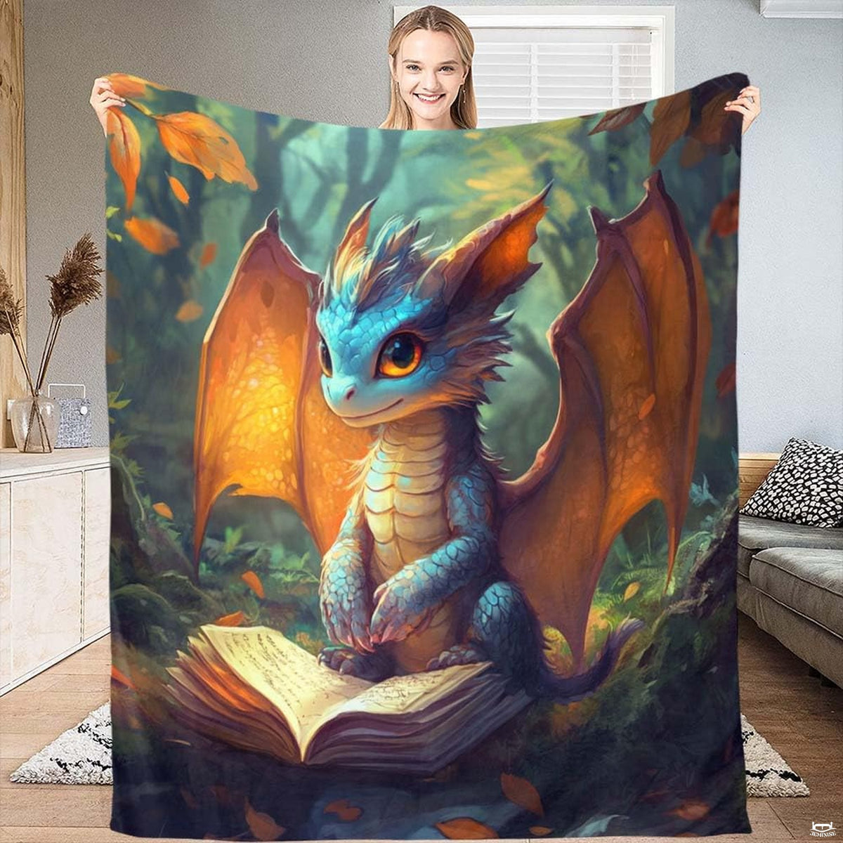 Cute turquoise baby dragon with glowing wings perched on open book in autumn forest, view 1.