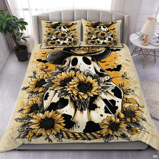 Western cowboy ghost sunflower bedding with cow print - view 1