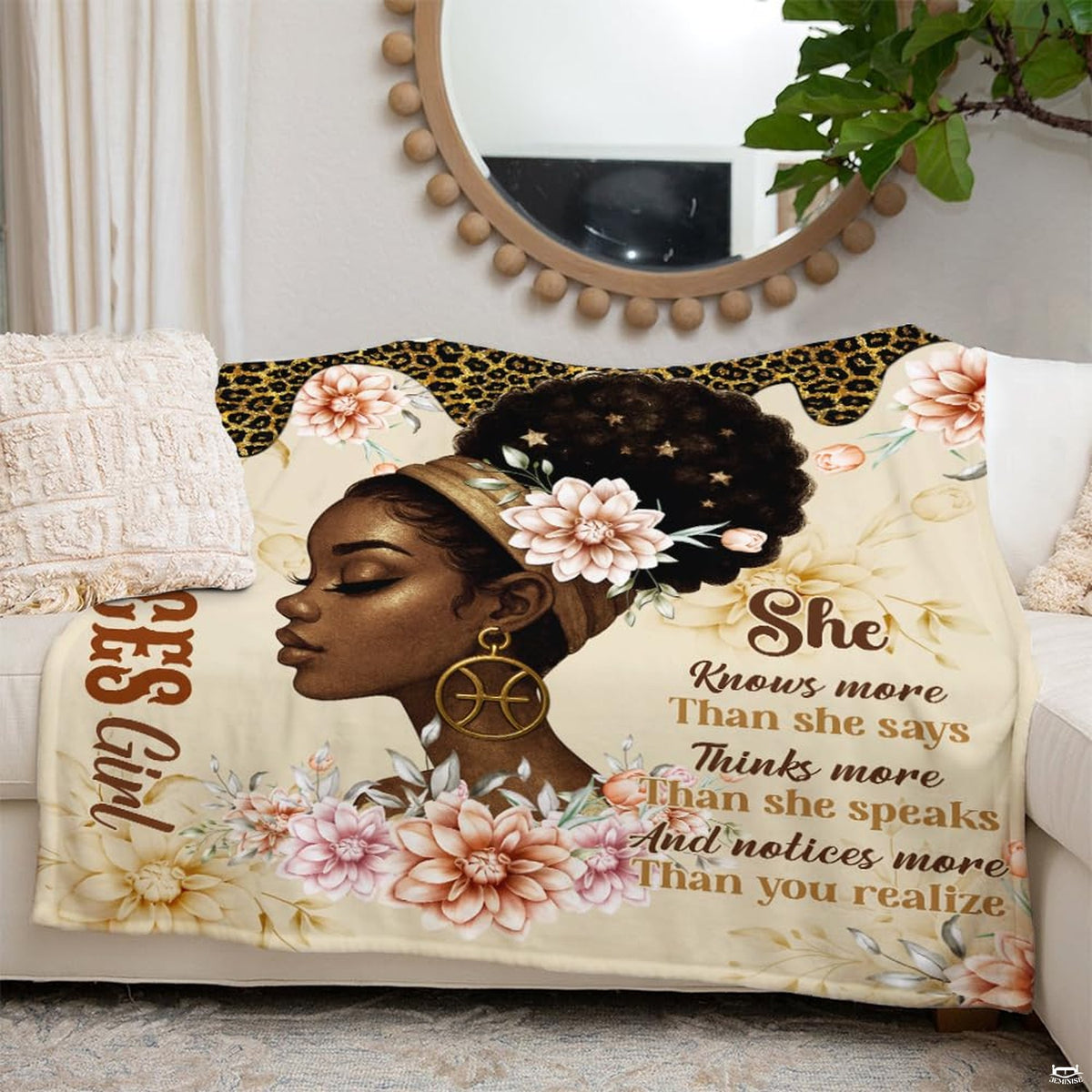 Bed side setty art featuring a Black woman side profile portrait adorned with blossoms and golden zodiac hoops.