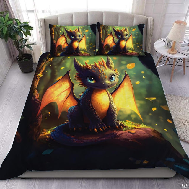 Cute baby dragon bedding in a bright bedroom