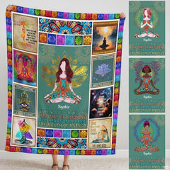 Chakra yoga meditation throw blanket featuring a central yogi figure, mandala wings, and spiritual art panels.