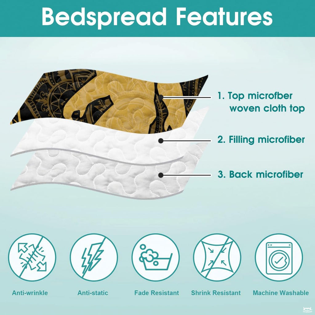 Detailed view of pillow shams and bedding border on golden moonlit Bigfoot bedding in a mountain home