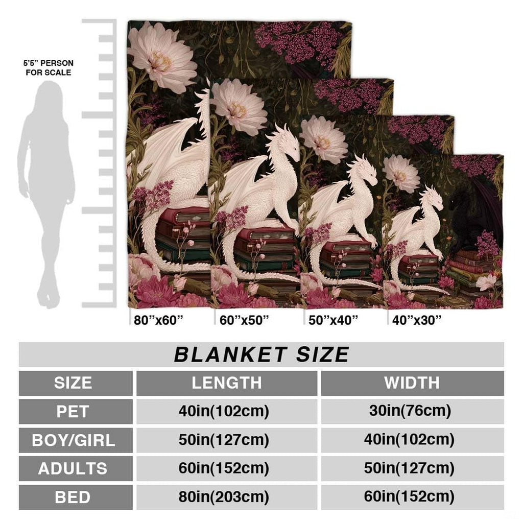 White and black dragons throw blanket view 3 highlighting twin drakes, books, and peony flowers
