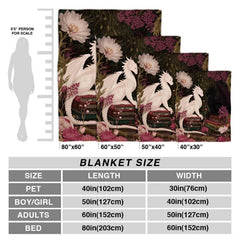 White and black dragons throw blanket view 3 highlighting twin drakes, books, and peony flowers