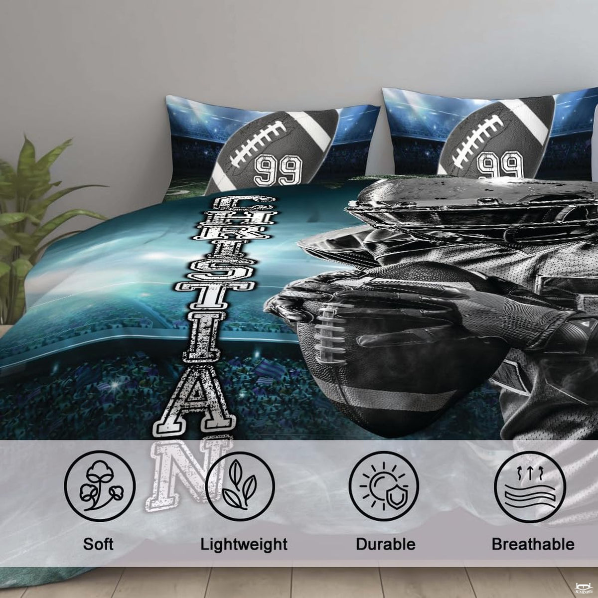 Corner angle view of athletic bedding illustrating graphite charcoal and spruce green tones in a modern bedroom