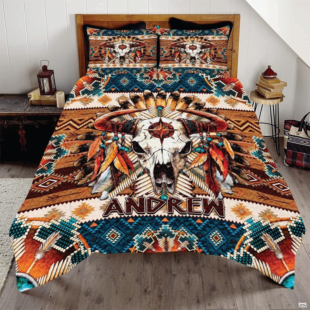 Boho western cow skull and feathers Aztec bedding set displayed neatly on a bed in a rustic bedroom