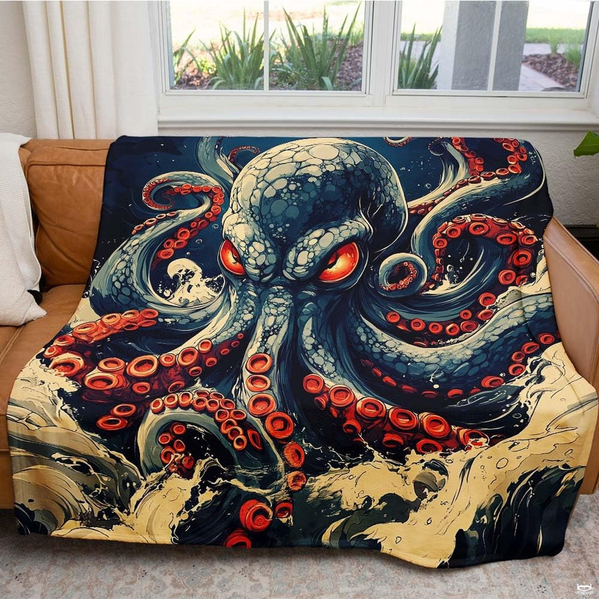 Kraken giant octopus ocean waves throw blanket view 5 detailing tentacles and waves