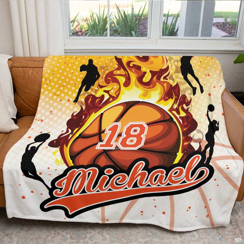 Stylized sports bedding arrangement emphasizing athletic dribbling silhouettes against bright yellow backdrop.