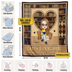 Full flat graphic layout of heart bookcase reader girl throw blanket design.