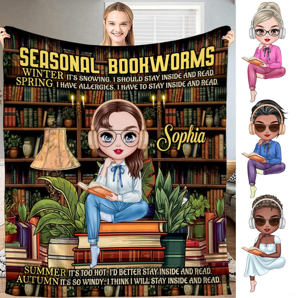 Personalized Seasonal Bookworms Sophia Reading Girl Throw Blanket