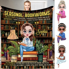 Personalized Seasonal Bookworms Sophia Reading Girl Throw Blanket