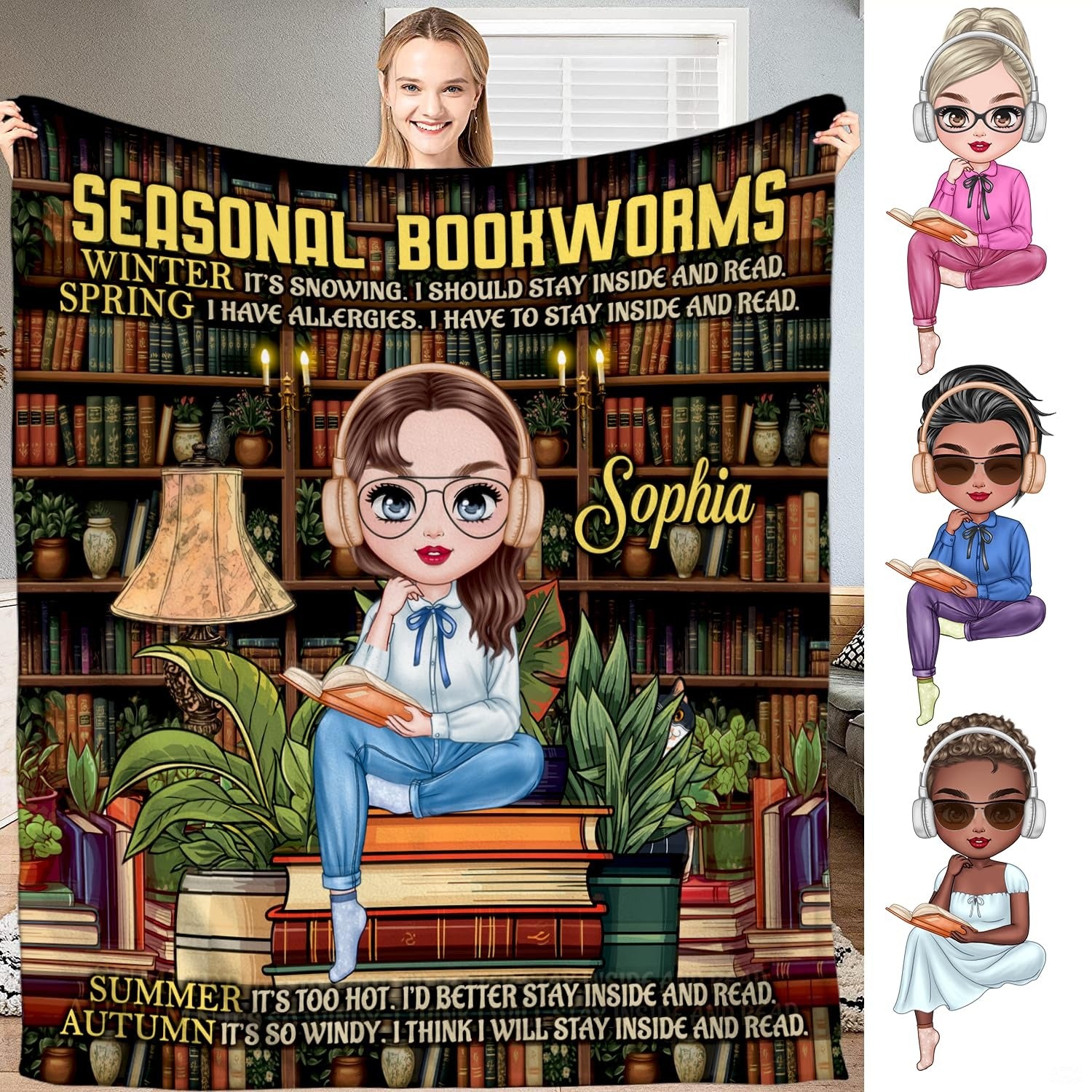 Personalized Seasonal Bookworms Sophia Reading Girl Throw Blanket