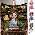 Main view of literary artwork showing illustrated girl reading on stacked books before library shelves.