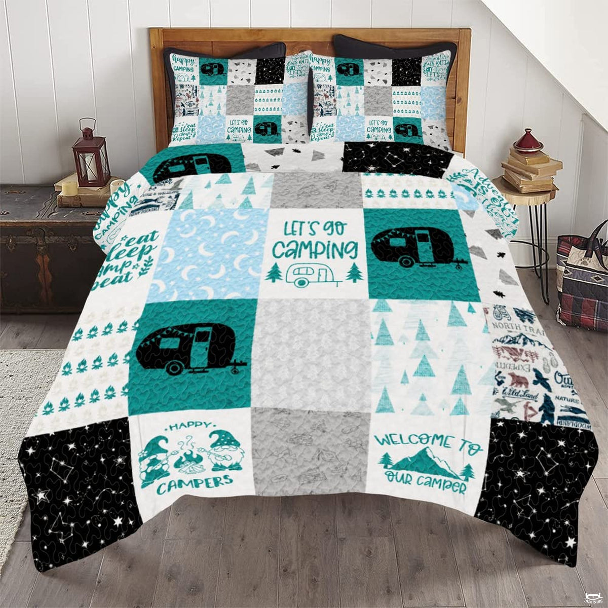 Outdoor theme bedding set featuring teal thematic accent patchwork graphics, pine trees, and night sky constellations.