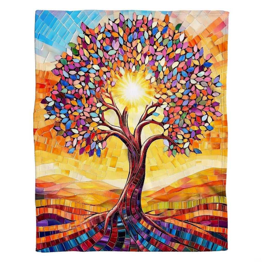 Intricate tree of life canopy with multicolored stained glass mosaic tiles radiating thematic accent hues.