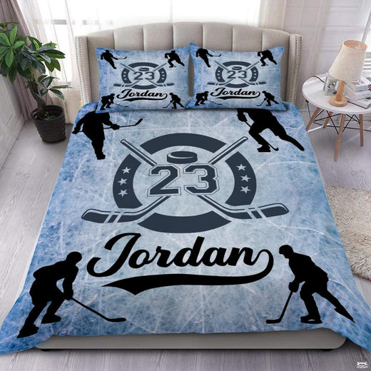 Ice hockey skater and frost arena bedding set featuring dynamic hockey player graphics and icy rink effects