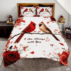 Cardinals Perched on Branch with Roses Patchwork Winter Quilt