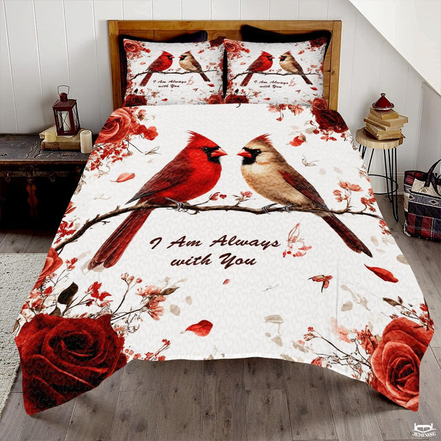 Cardinals Perched on Branch with Roses Patchwork Winter Quilt