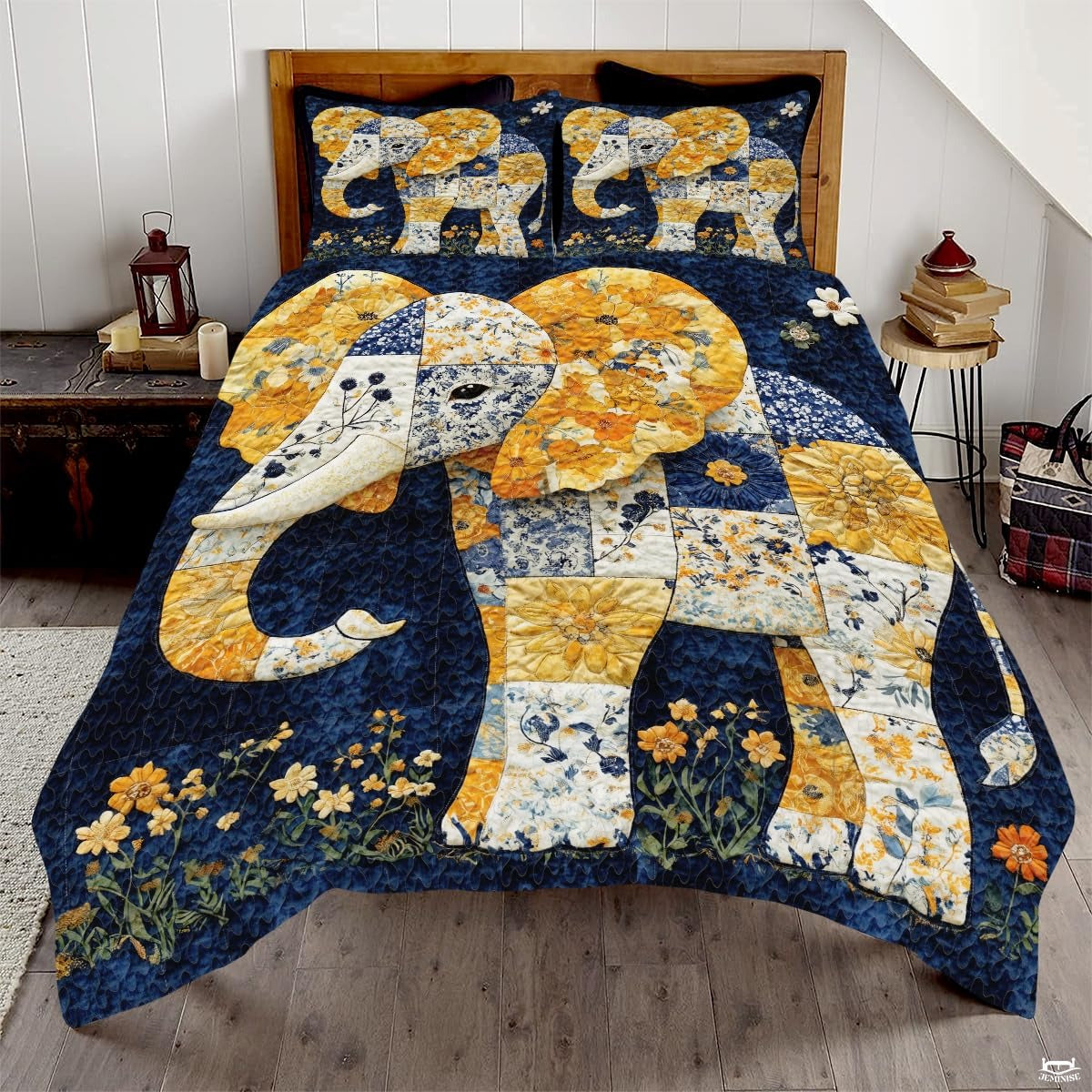 Elephant Quilt Set, Animal Patchwork Printed Quilt Bedset, Patchwork Style Quilts Twin Full Queen Size Elephant Pattern Blanket Bedspread, Elephants Bed Set Bedding Gift