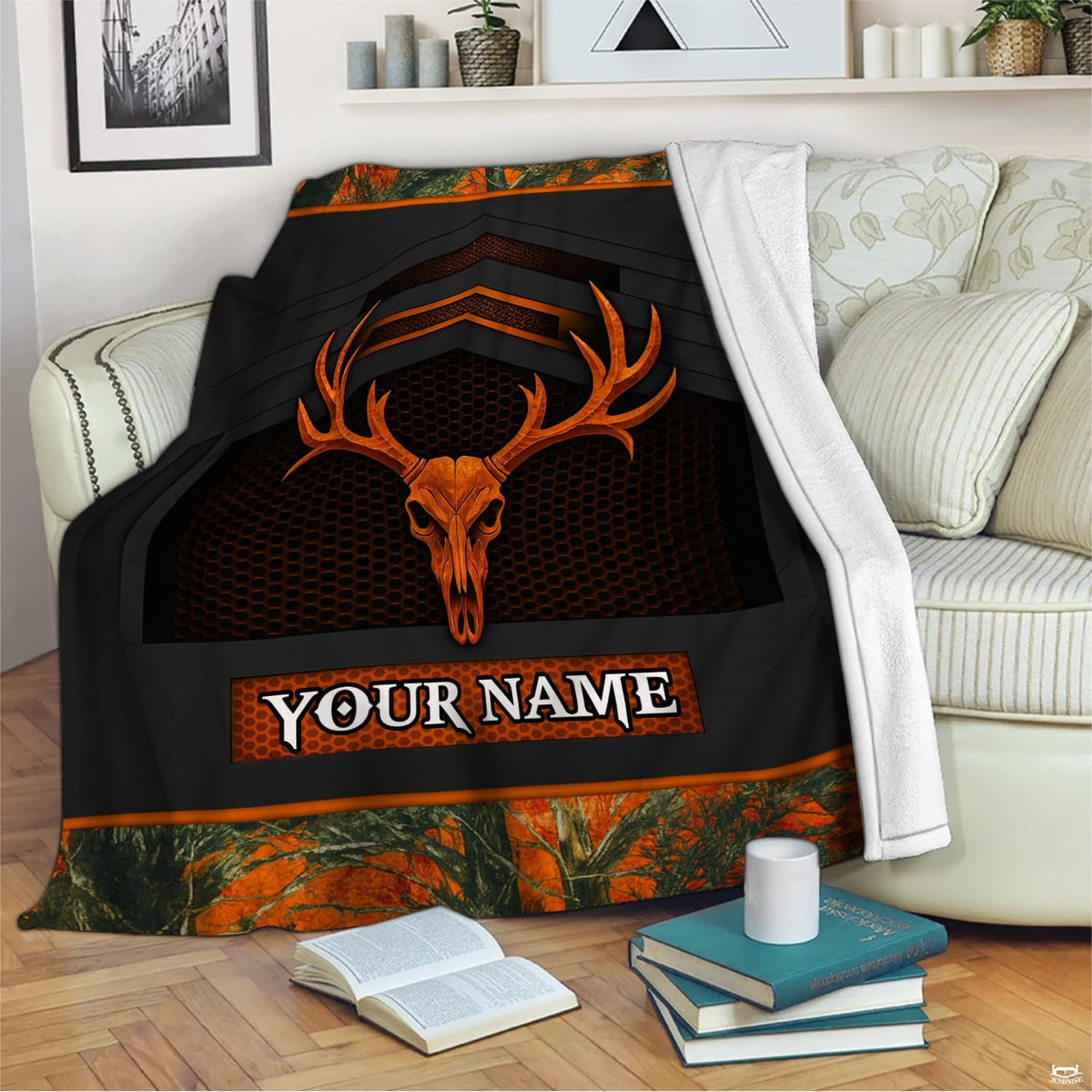 Close-up view of deer skull antlers, burnt orange chevron accents, and honeycomb texture.