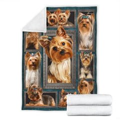 Close view of folded edge finish on Yorkshire Terrier dog blanket