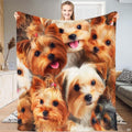 Happy Yorkshire Terrier puppies collage throw blanket showcasing smiling dog faces with red topknot bows