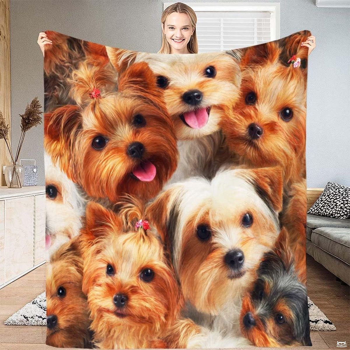 Happy Yorkshire Terrier puppies collage throw blanket showcasing smiling dog faces with red topknot bows