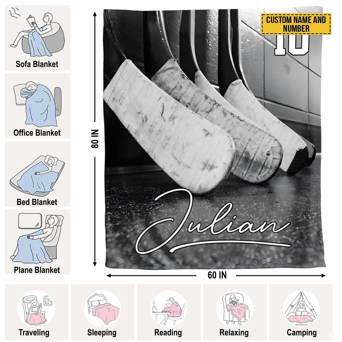 Sports athlete hockey throw blanket folded neatly on bedroom bench