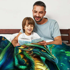 Close-up visual of mythical green dragon artwork with intricate turquoise scales and vibrant teal water details.