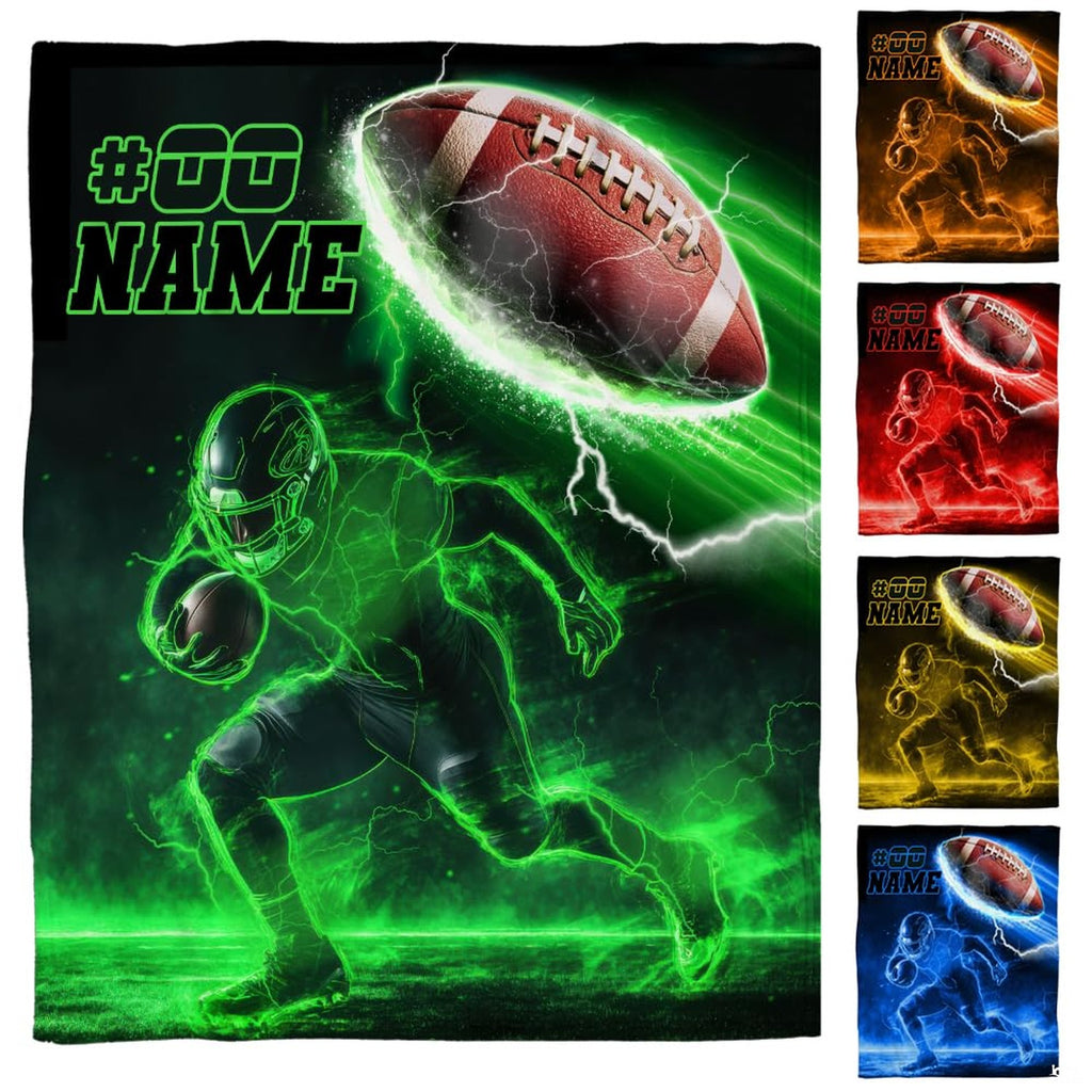 Neon green football player lightning throw blanket displaying an illuminated running athlete in green laser lines