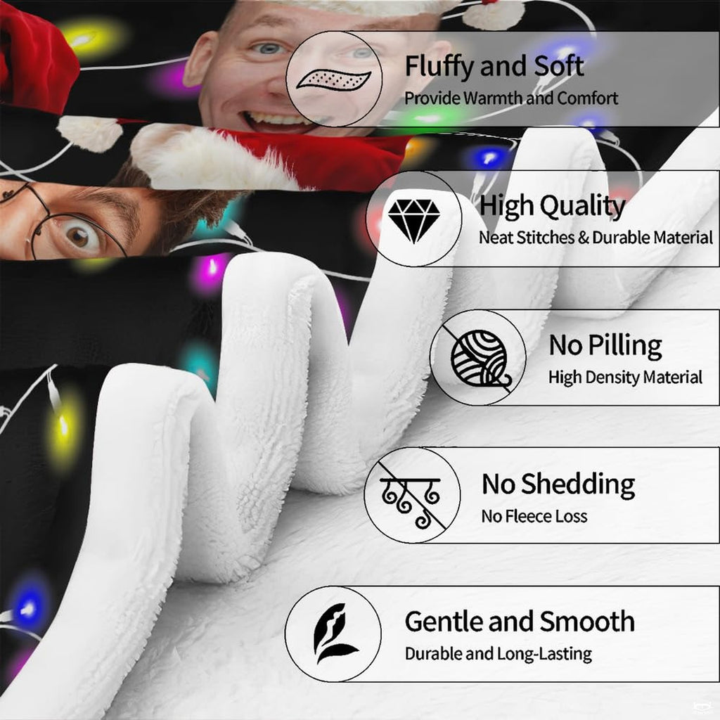 Playful family faces in Santa hats and glowing holiday bulbs on deep black background
