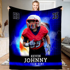 Youth football running back rushing through electric blue lightning bolts, view 1.