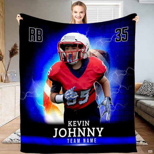 Youth football running back rushing through electric blue lightning bolts, view 1.