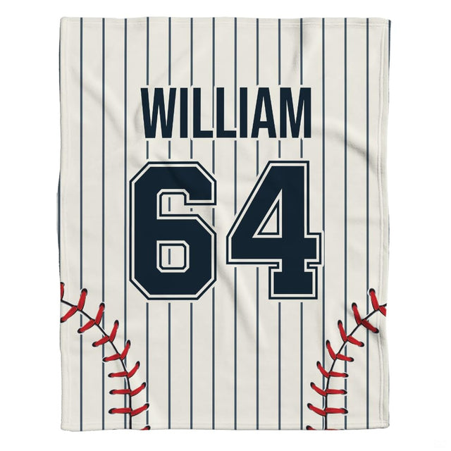 Close-up of collegiate block jersey numbers outlined in white over crisp navy pinstripes.
